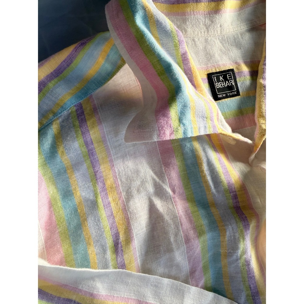 Ike Behar Mens 100% Linen Short Sleeve Button Down Shirt Pastel Stripe Peru XL
